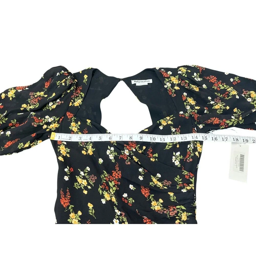 Reformation Wildflower Dress Vionnete Black Floral Puff-Sleeve Midi Size 2 NEW - Picture 8 of 11